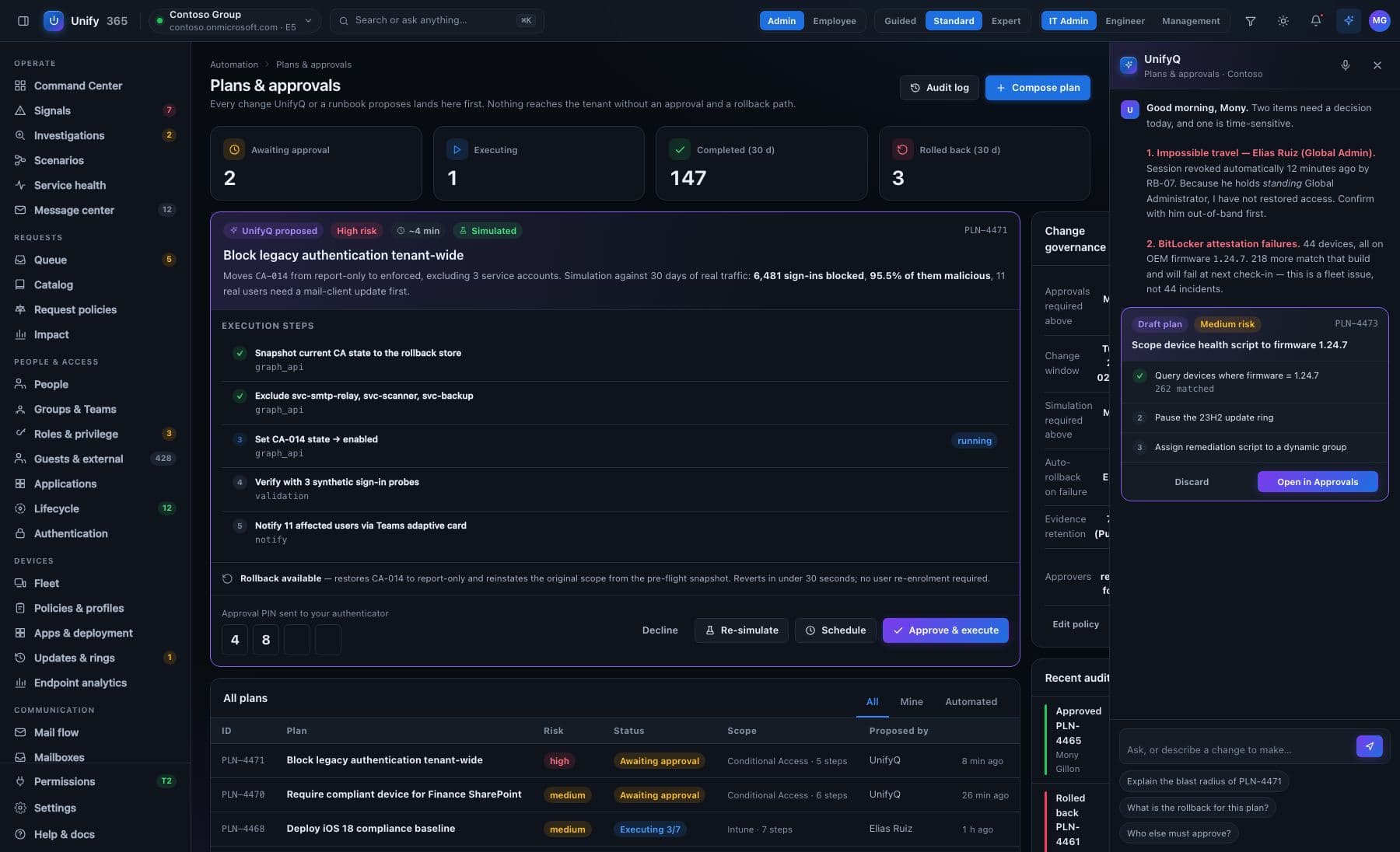 Unify365 Plans & approvals — a proposed change with execution steps, simulation results, rollback path, and a typed approval